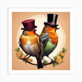 Two Robins In Top Hats Art Print