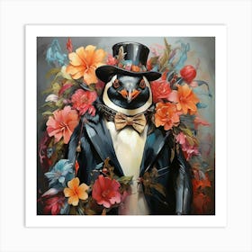 Penguin With Flowers art print 1 Art Print