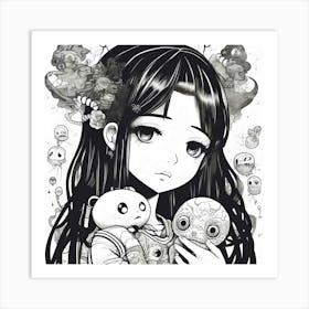 Anime Girl Holding Teddy Bears 1 Art Print