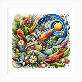 Colorful Flowers And Birds Art Print