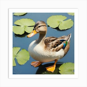 Duck In Pond With Lily Pads Art Print