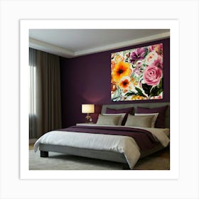 Purple Bedroom With Flowers Art Print