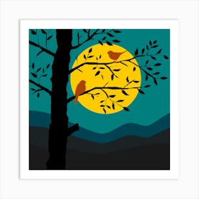 Birds Little Birds Animals Silhouettes Tree Branches Landscape Sky Moon Night Darkness Nature Stylized Cards Background Minimalist Free Images Night Sky Free Illustrations Art Print