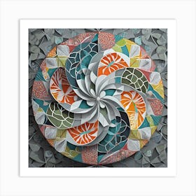 Firefly Beautiful Modern Intricate Floral Yin And Yang Japanese Mosaic Mandala Pattern In Gray, And (1) Art Print