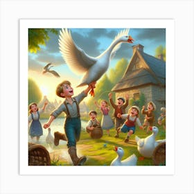 A beautiful scene of a village enjoying with goose Art Print