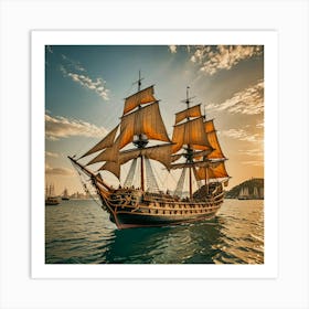 Sailing Ship At Sunset Art Print