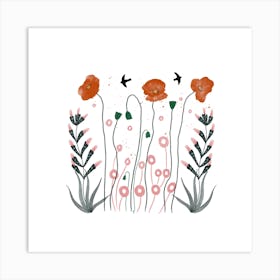 Poppies And Birds Art Print