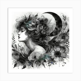 Moon And Flowers Art Print