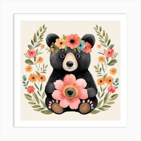Floral Baby Black Bear Nursery Illustration (8) Art Print