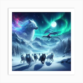 Snowy Wolf Pack Family 9 Art Print