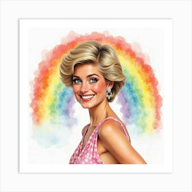 Elegant Princess Diana Smiling In Front Of A Watercolor Rainbow Scene 1 Art Print