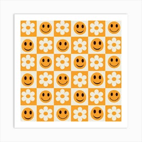 Checkered Orange Happy Faces and White Flowers Art Print