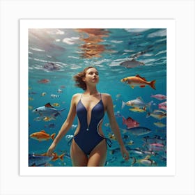 Woman In A Blue Swimsuit Art Print