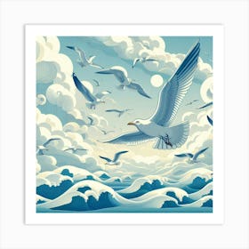 Seagulls Flying Over The Ocean Art Print