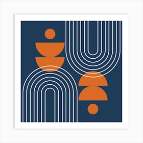 Modern Mid Century Sun, Moon Phases and Rainbow Abstract 28 in Navy Blue and Burnt Orange Art Print