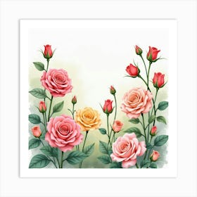 A Watercolor Garden Full Of Roses, Blooming In Soft, Pastel Hues 1 Art Print