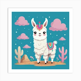 Cute Llama On A Blue Background Illustration Art Print