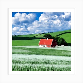 A Peaceful Countryside Scene With Rolling Green Hills A Charming Farmhouse And A Clear Blue Sky D (2) Art Print