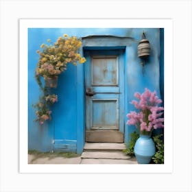 Blue wall. An old-style door in the middle, silver in color. There is a large pottery jar next to the door. There are flowers in the jar Spring oil colors. Wall painting.4 Art Print