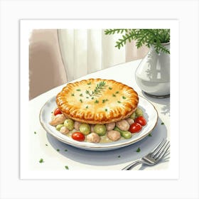 Watercolor Painting Of A Classic And Flavorful Chicken Pot Pie On A Modern Dining Table Art Print