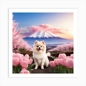 Dog In Pink Tulips Art Print