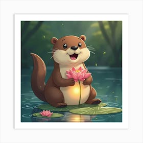 A Playful Otter Holding A Glowing Lotus Blossom, Floating In A Crystal Clear Pond Art Print