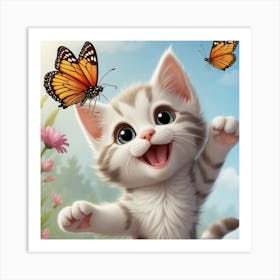 Cute Kitten With Butterflies Art Print