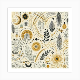 Doodle Pattern.Boho art, moon and yellow squiggly line, American style. Art Print