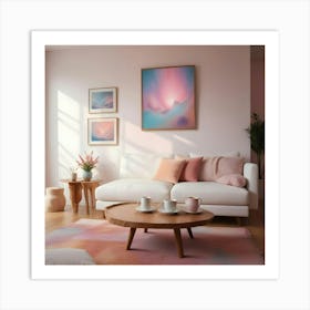 Pink Living Room With White Sofa, Round Coffee Table, Pastel Artwork And Flowers Art Print