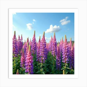 A Picturesque Scene Of A Field Of Pink And Purple Lupines Under A Blue Sky 4 Art Print