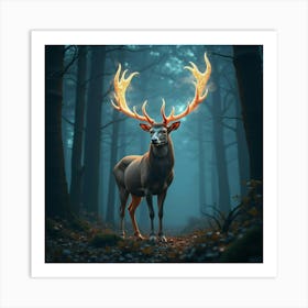 A Dreamy Stag With Antlers Of Glowing, Fractal Patterns Standing In A Mystical Forest Art Print