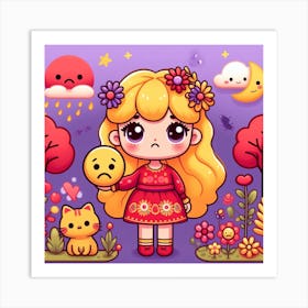 Kawaii Girl With Cat 1 Art Print