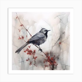 Bird & Flowers Watercolour & Ink Painting Art Print