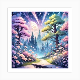 A Fantasy Forest With Twinkling Stars In Pastel Tone Square Composition 436 Art Print