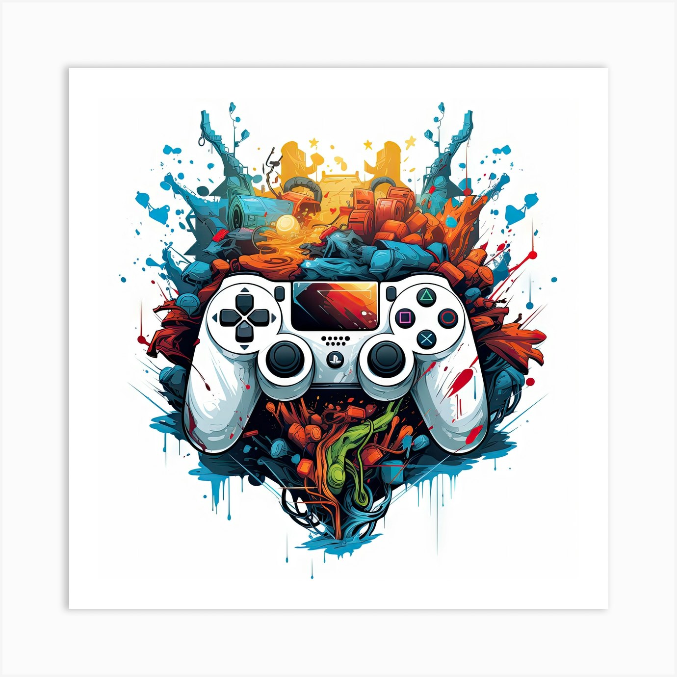 Game Print Minimal Poster With Controller And Abstract Geometric