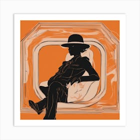 A Silhouette Of A Man Wearing A Black Hat And Laying On Her Back On A Orange Screen, In The Style Of (2) Art Print