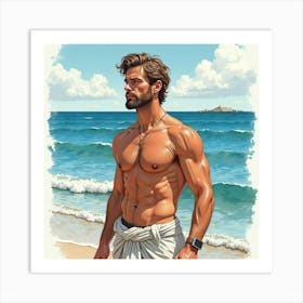 A Watercolor Scene Of A Stunning Greek Man With Chiseled Features By The Sea 1 Art Print