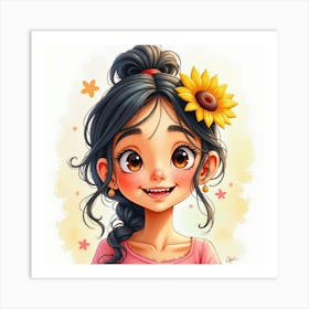 Spanish Girl With A Joyful Expression, Watercolor With Bright, Lively Colors 1 Art Print