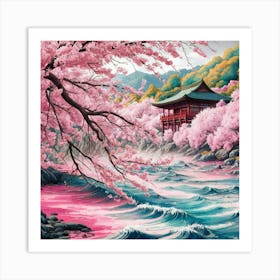 A stunningly vibrant watercolor illustration of a serene Japanese landscape featuring cherry blossoms. The foreground shows a river with gentle waves reflecting the pink hues of the blossoms. 2 Art Print