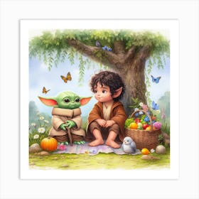 Din Grogu Baby Yoda And Frodo Having A Picnic Star Wars Lord Of The Rings Art Print Art Print