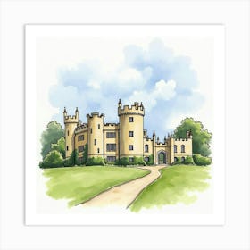 Watercolor Scene Of The Sherborne Castle In Dorset, Featuring Its Grand Design And Scenic Beauty Art Print