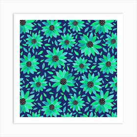 Floral Polka Dot Center Turquoise On Navy 1 Art Print