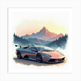 Lamborghini Murciélago With A Watercolor Scenic Mountain Range 1 Art Print