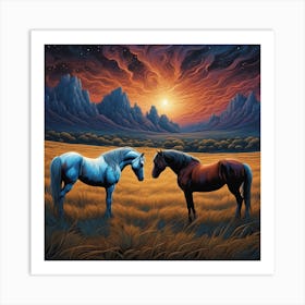 Horses At Sunset Art Print