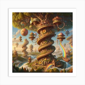 Inspired by Hundertwasser, The Spiral Symphony of Treehouses Art Print