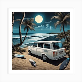 Full Moon, Sandy Parking Lot, Surfboards, Palm Trees, Beach, Whitewater, Surfers, Waves, Ocean, Clou Art Print