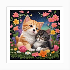 Kittens In Flowers2 Art Print