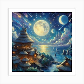 Moonlight Over Japanese Village Art Print