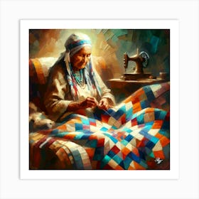 Elderly Native American Woman Quilting Art Print