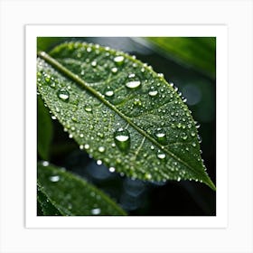 Green Leaf With Water Droplets 1 Art Print